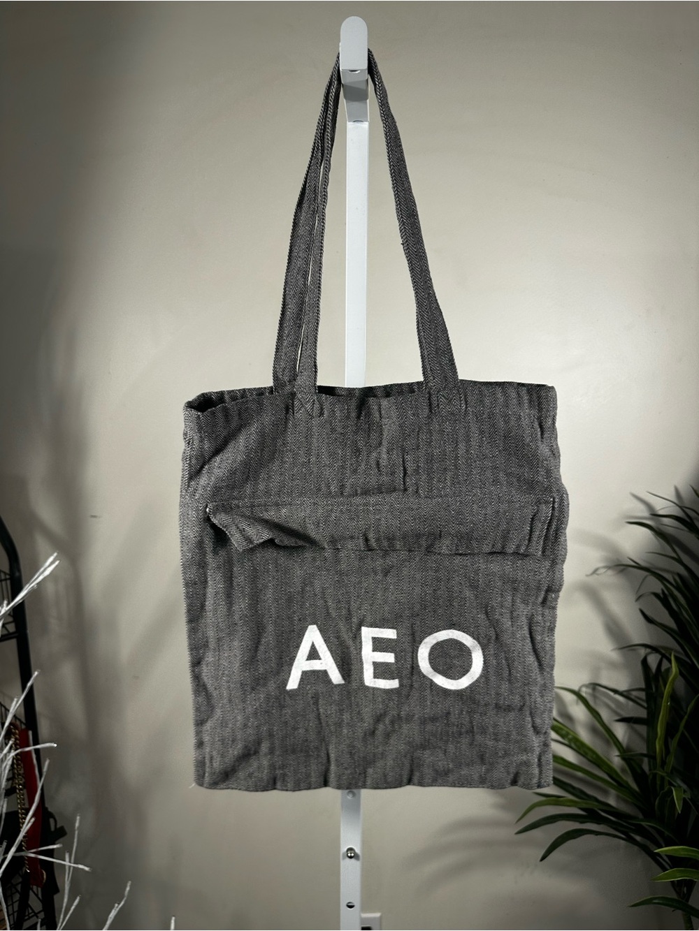 D2. American Eagle Outfitters gray, herringbone fabric tote bag.